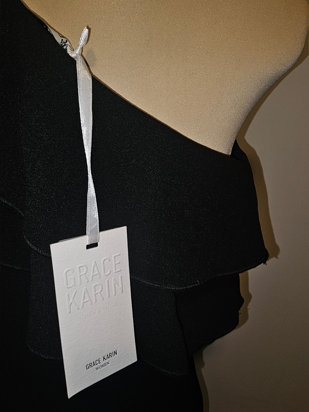 Grace Karin NWT One-Shoulder Black Ruffle Midi Dress Sz S - Picture 7 of 11